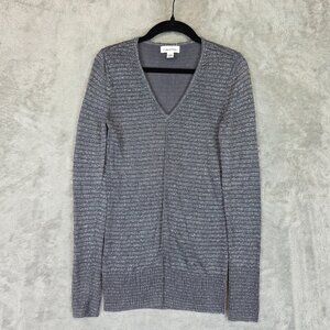 Calvin Klein Sweater Womens XS Gray V Neck Metallic Stripe Knit Rayon Shimmer